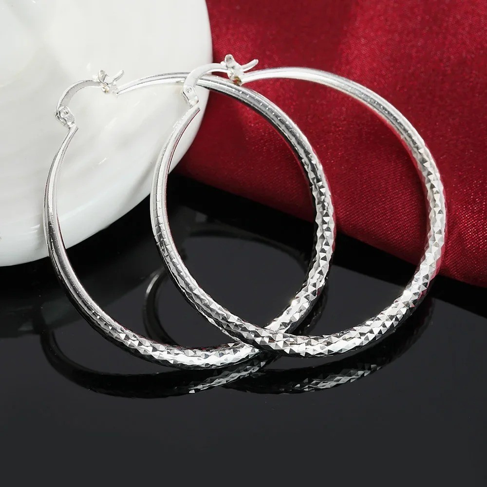 Charms fine 925 Sterling Silver 5CM circle hoop Earrings for Women fashion Prett