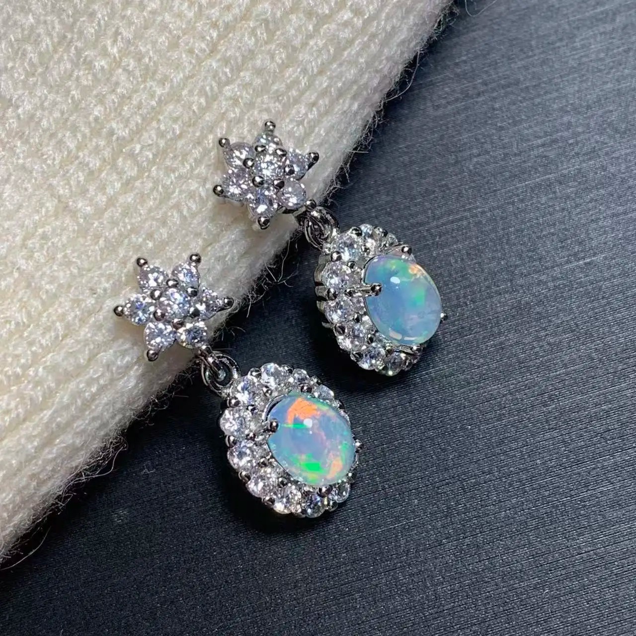 Natural Oval Opal Stud Drop Earrings Women Vintage Halo Copper Jewelry Gifts