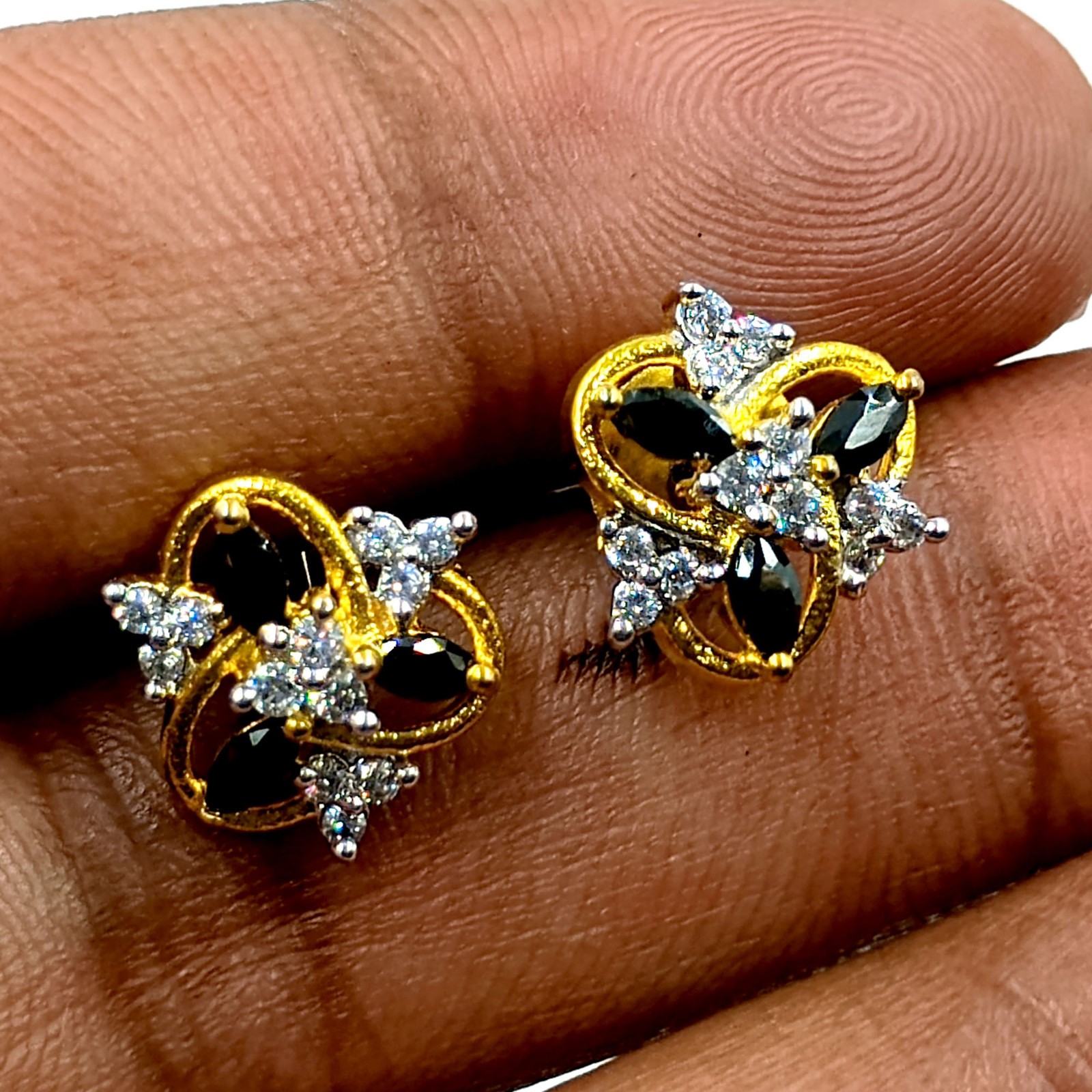 Black Onyx CZ Gold Plated Studs Handmade Indian Jewelry Traditional Gift for Her