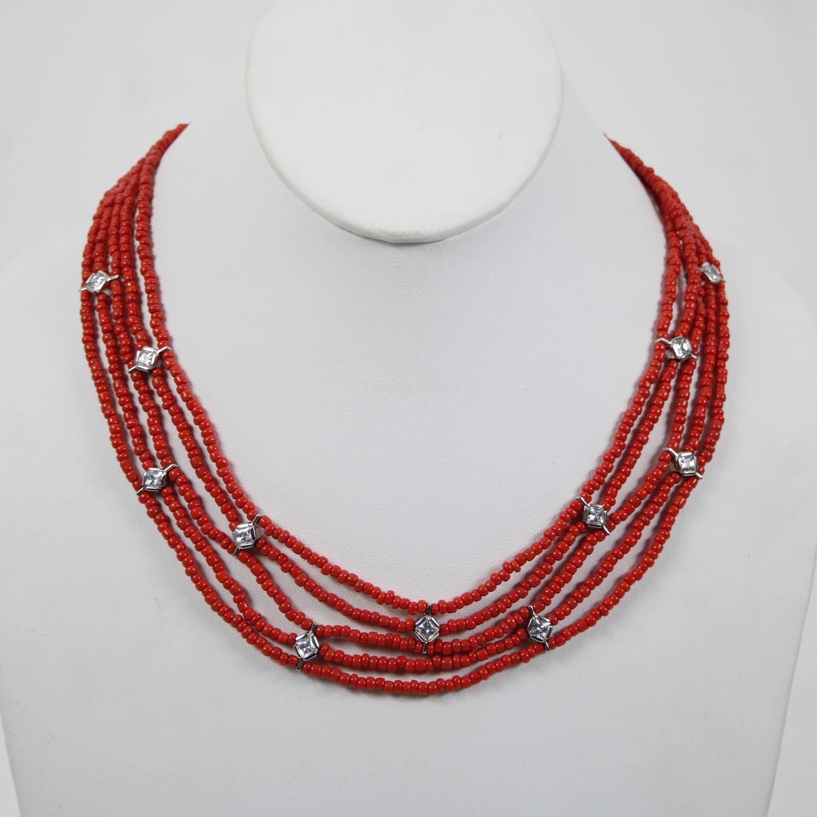 Sterling Silver Red Beaded CZ Multi Layer Hook And Eye Closure 17″ Necklace