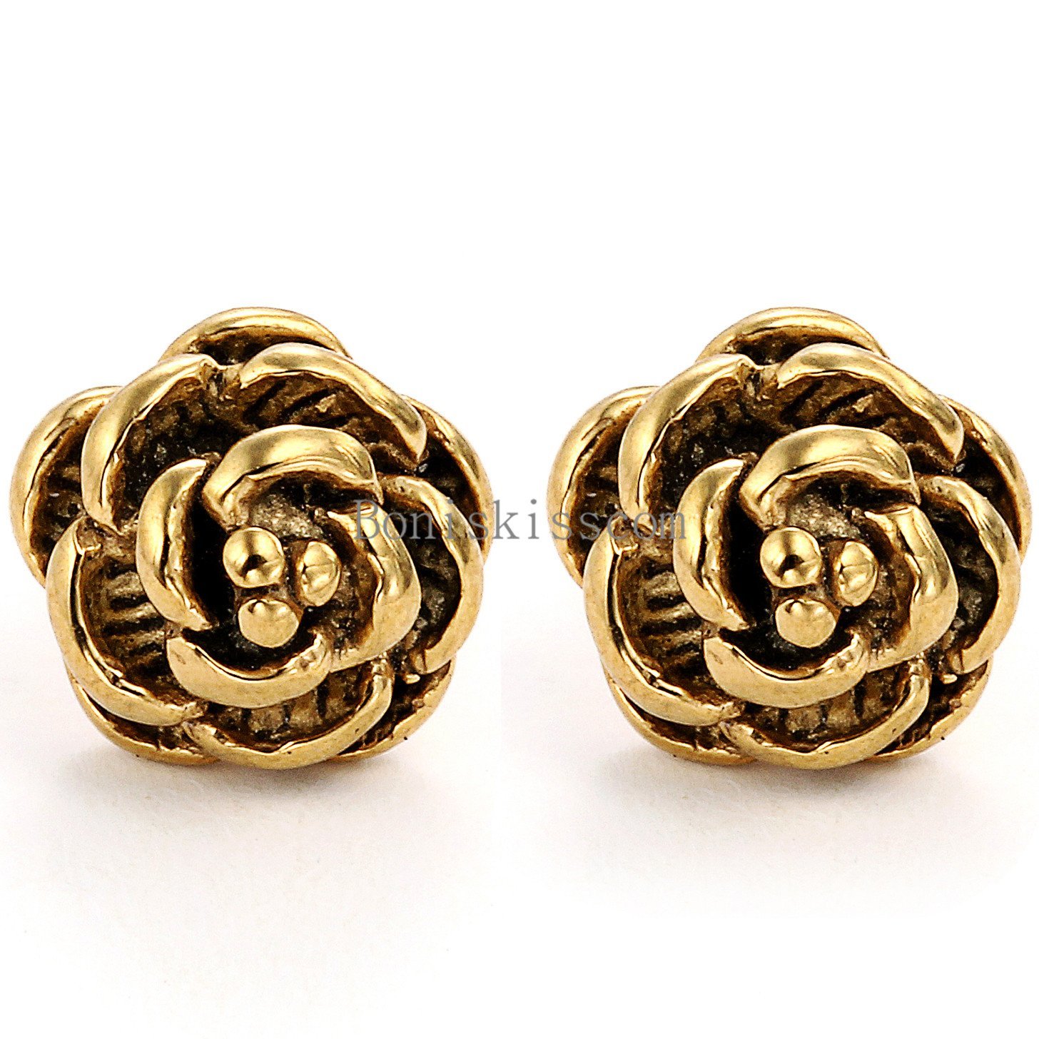 Charm Rose Flower Shape Stainless Steel Stud Earrings Bead Ball Screw Back