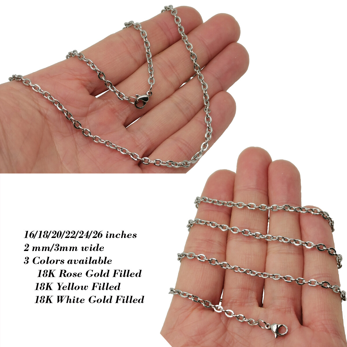 Real 18K White Gold Filled Hypo-Allergenic 16/18″-26″ Cable Chain Necklace Q146W