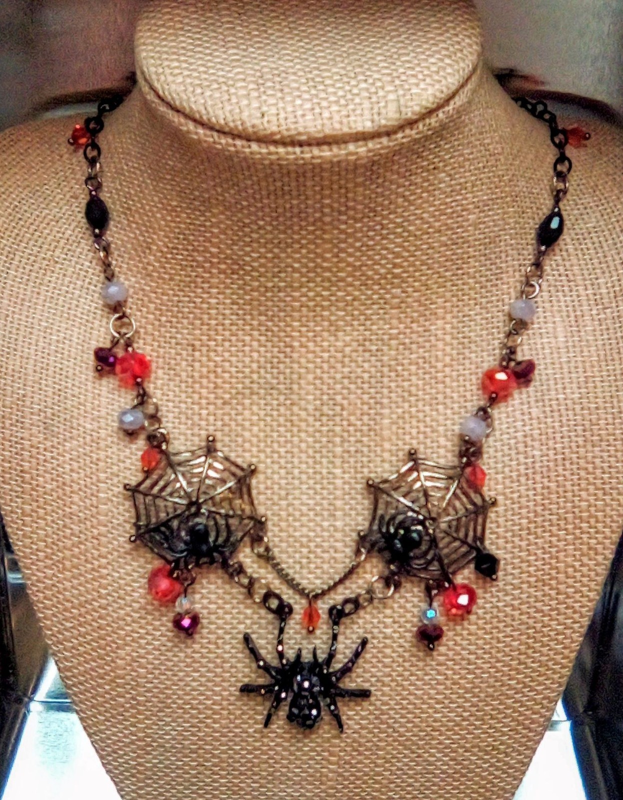 Hanging Sparkling Spider with Webs, Handmade 18″ Necklace.