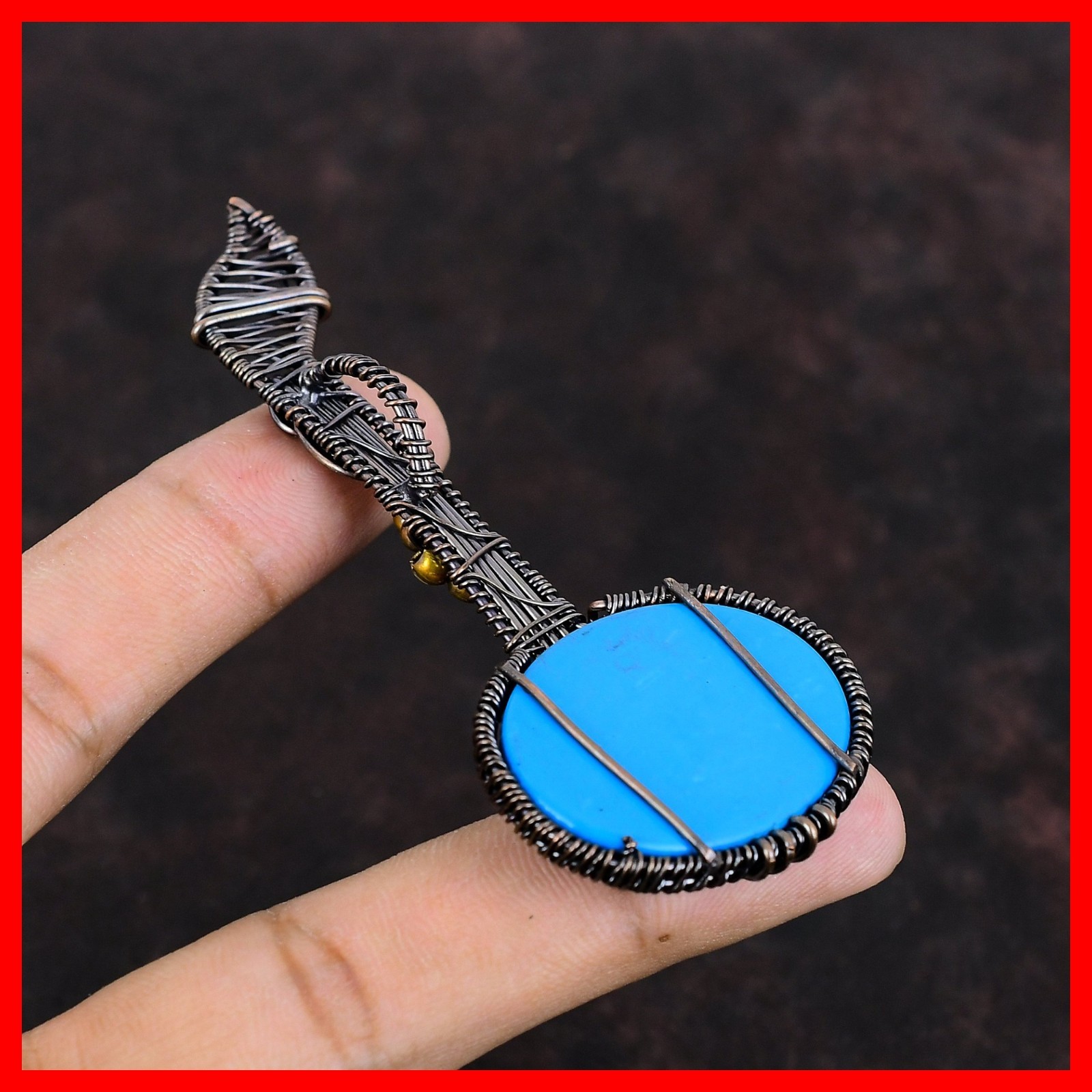 Copper Sleeping Beauty Turquoise Gemstone Art Deco Wire Wrapped Guitar Pendant