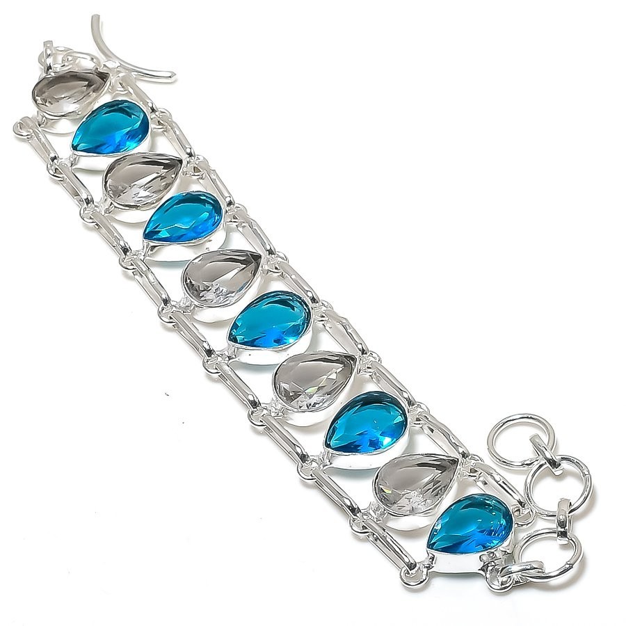 Swiss Blue & White Topaz Gemstone 925 Sterling Silver Jewelry Bracelet Size 7-8″