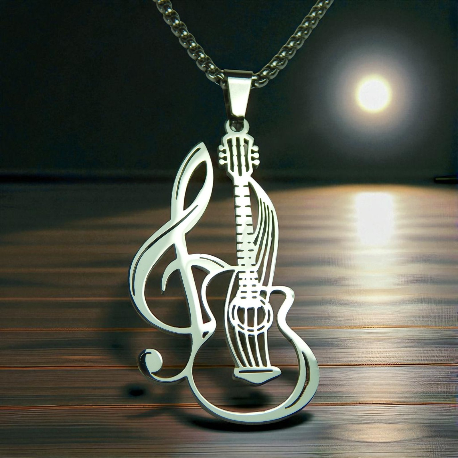 Guitar Necklace Silver 316L Stainless Steel Music Band Bass Pendant Mens Womens