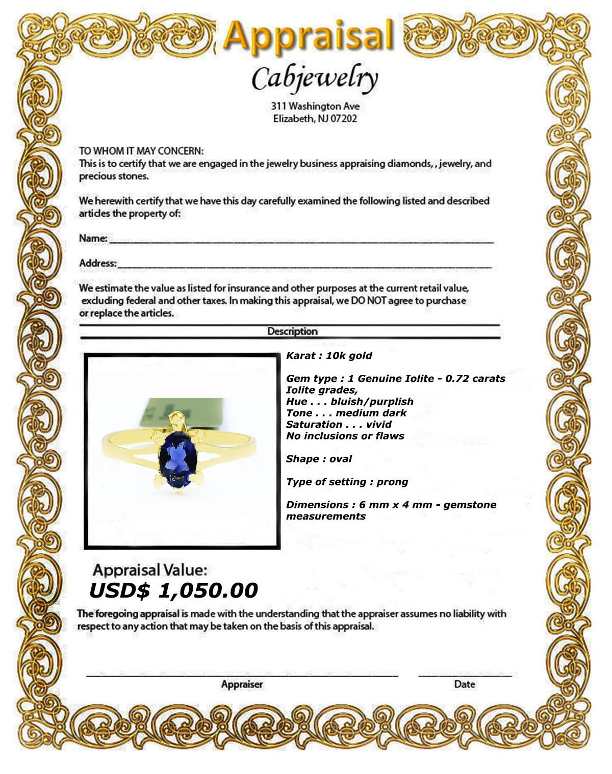 GENUINE 0.72 Cts IOLITE TURTLE RING 10K SOLID YELLOW GOLD-Free Appraisal Service
