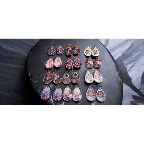 12 Pairs Fashion Boho Flower Pattern Design Water Drop Dangle Earrings Women New