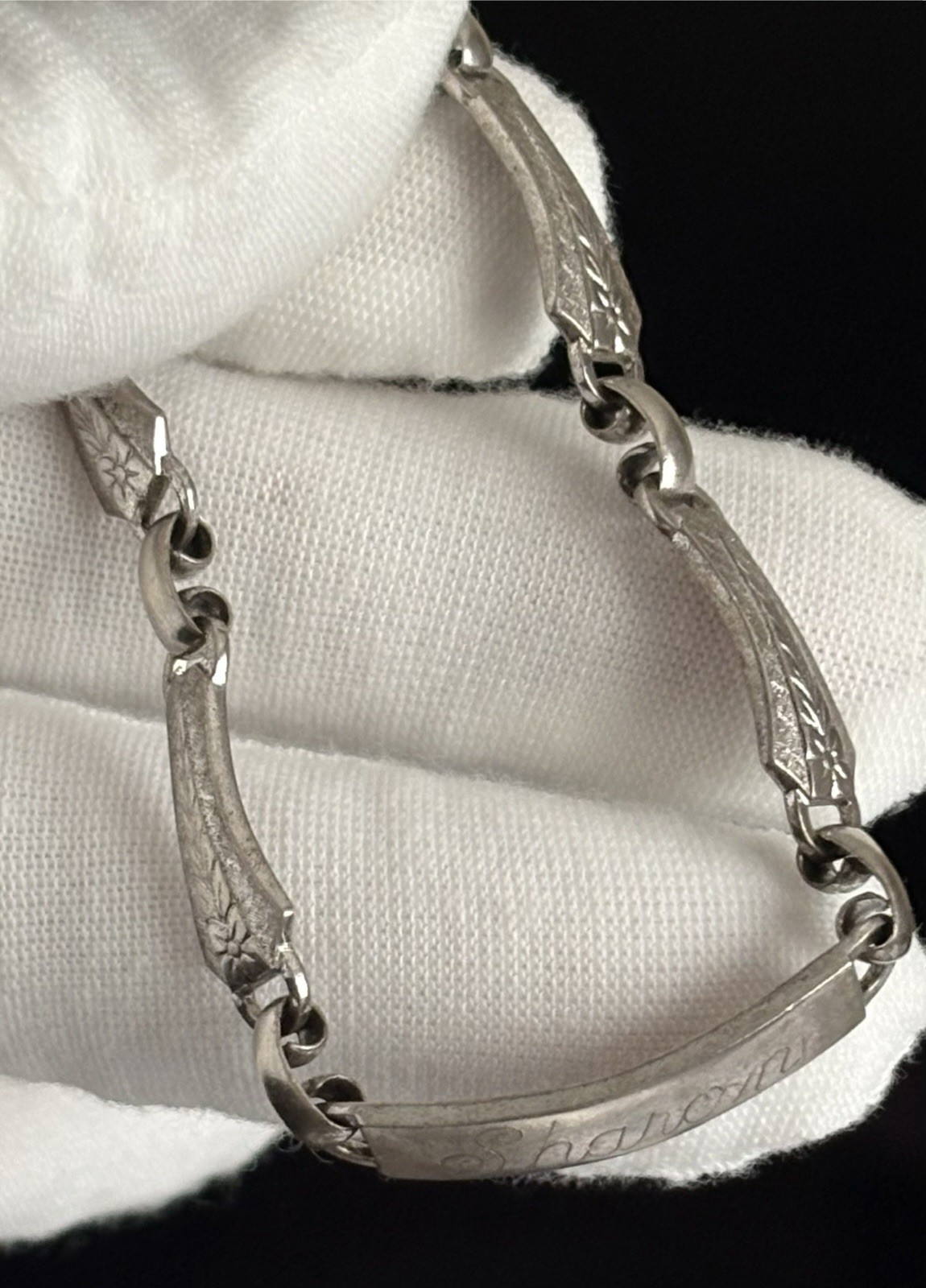 LA MODE Sterling Silver ID Bracelet 7” Floral Vintage Etched SHAROIN 13.58 Grams
