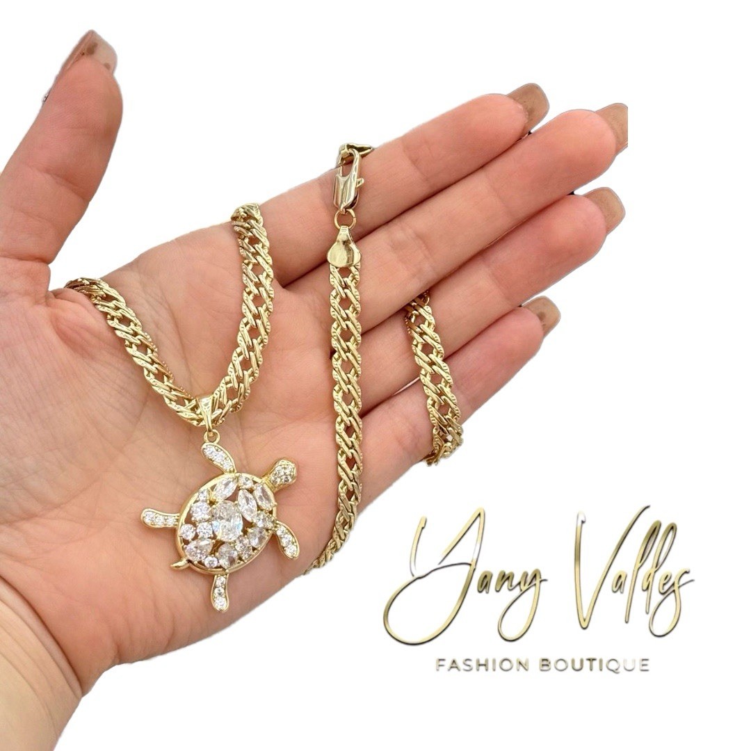 18” Spanish Link Chain Turtle Pendant Clear CZ 14K Gold Filled Necklace