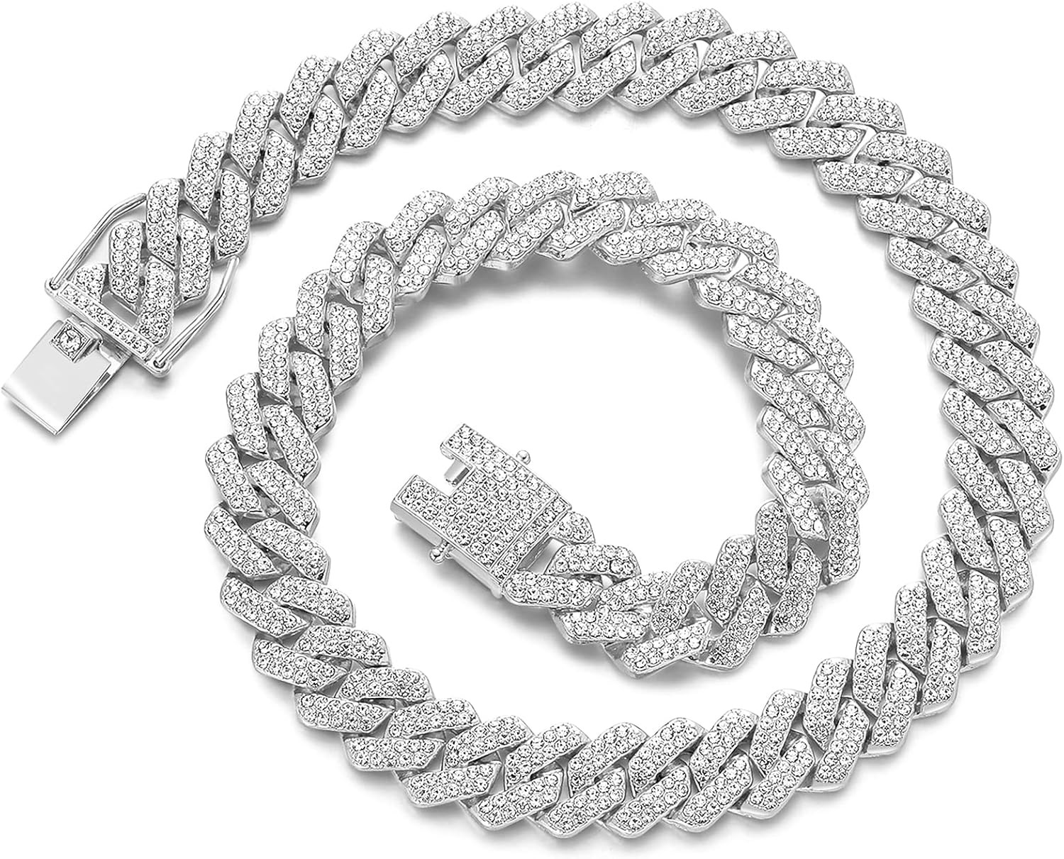 JUNVirtuous Cuban Link Chain Mens Iced Out Miami 18 inch Silver Necklace