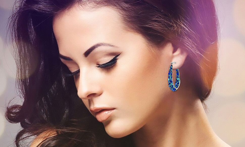 Blue Inside Out Hoops in 18K White Gold-Plating Made with Blue Swarovski Crystal