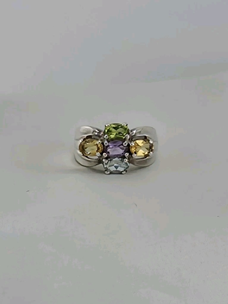 Vintage Sterling Silver 5 Gemstone Cluster Ring Amethyst Peridot Citrine Sz 7.5