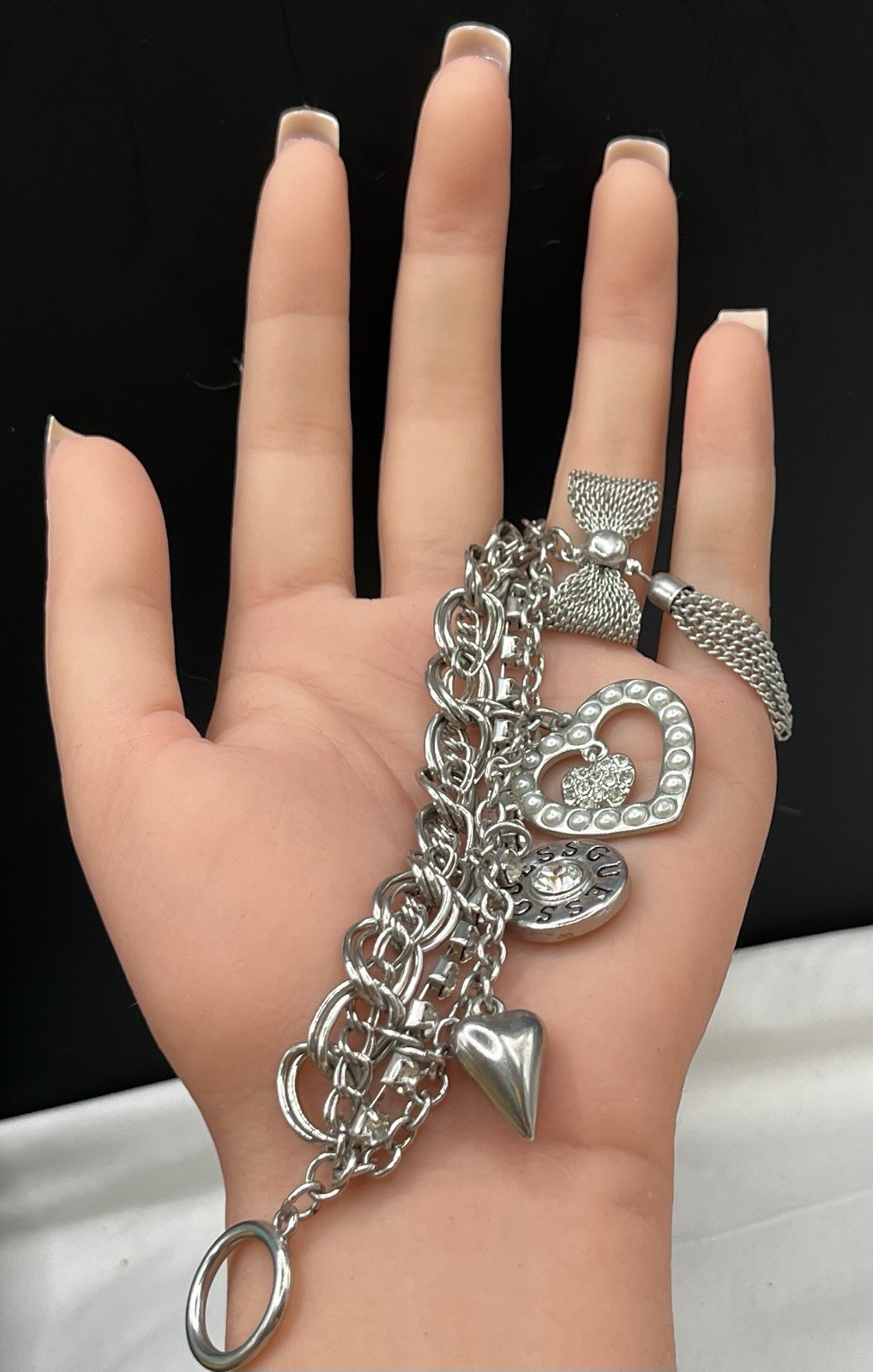SILVER TONE GUESS CHARM MULTI CHAIN BRACELET MESH BOW HEART Rhinestone 7.25”