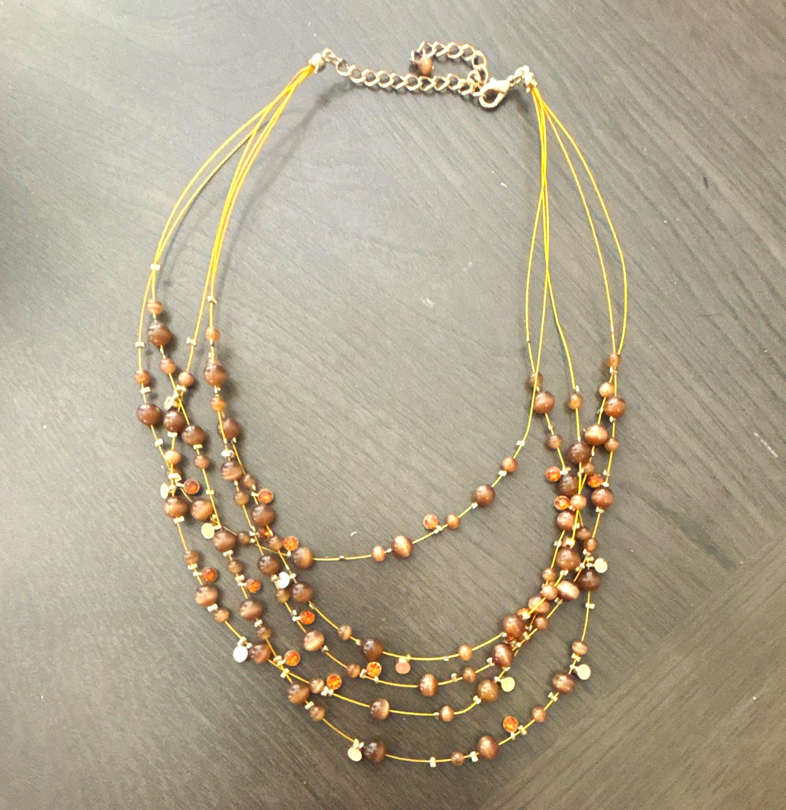 Multi-Strand Layered Brown Glass Beaded Necklace Gold Tone Cable Chain Lobster