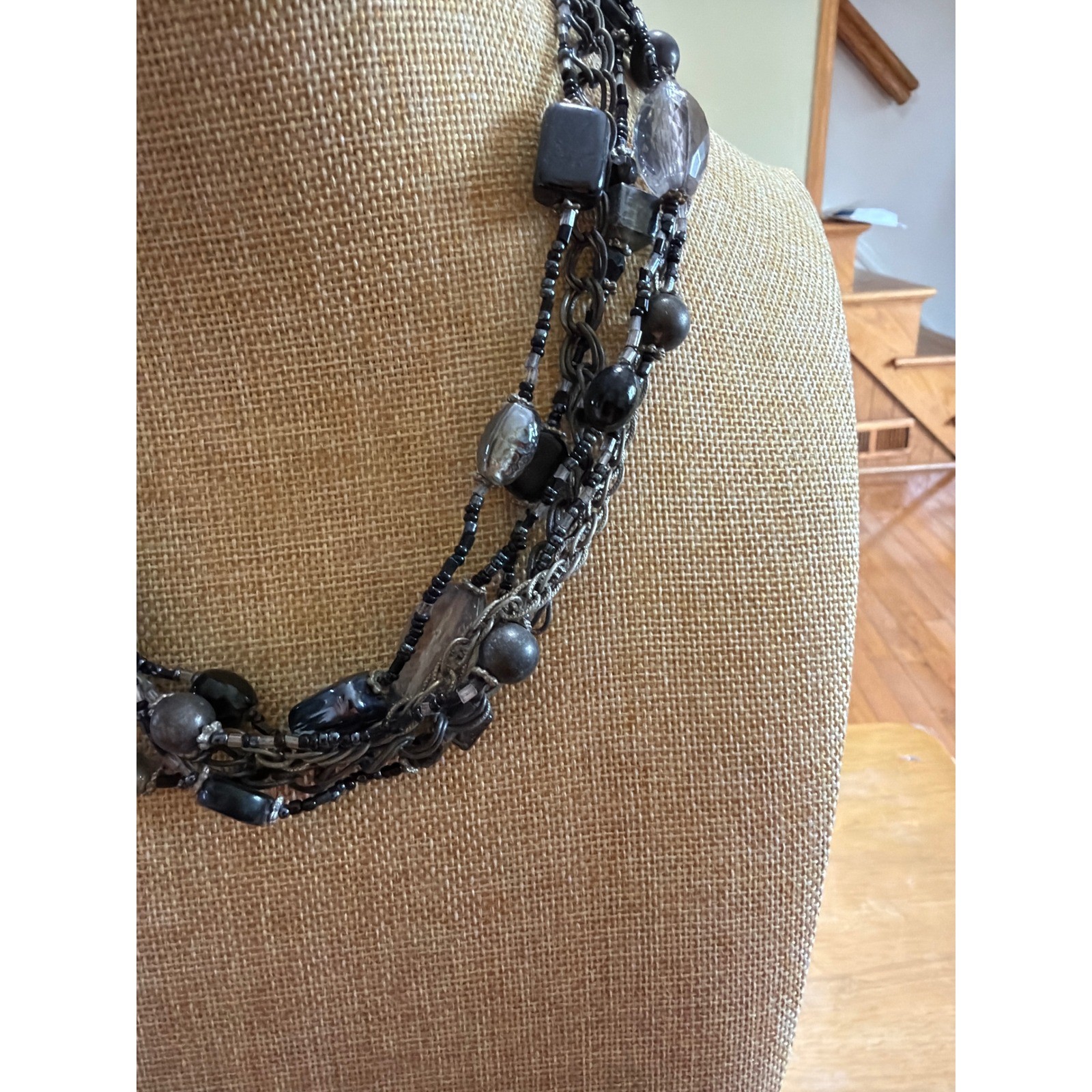 Multi Strand Beaded Statement Necklace Gunmetal Gray Black Chunky Layered Chunky