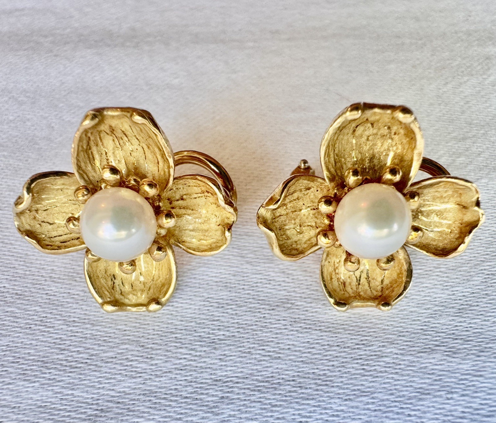 Tiffany & Co. 18k Yellow Gold 5.5mm Pearl Dogwood Blossom Omega Earrings