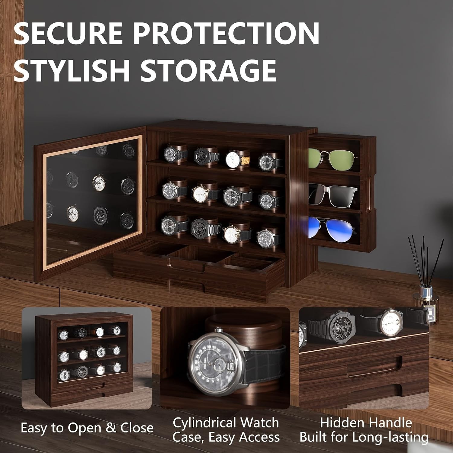 Stylish 12 Watch Jewelry Organizer with Polished Walnut Finish and Clear Window
