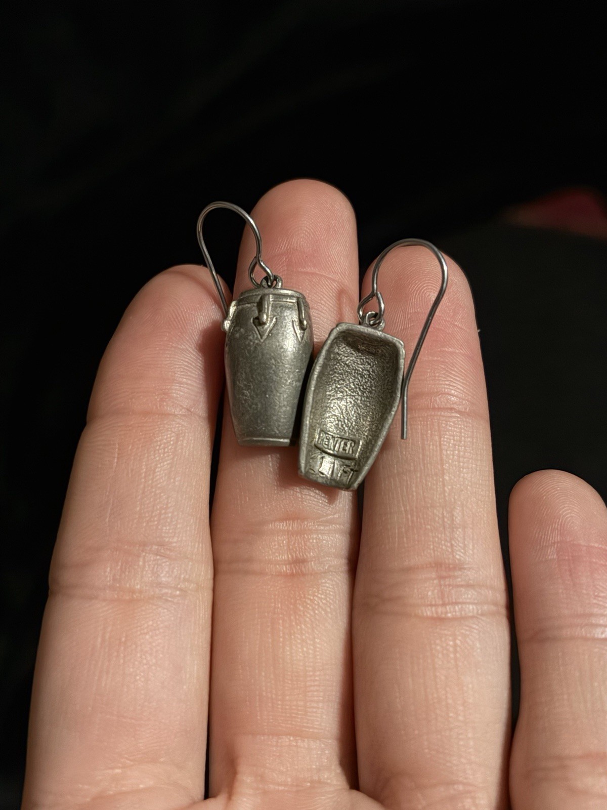 Clift Signed Silver Tone Pewter Stamped Drum Dangle Drop Hook Earrings