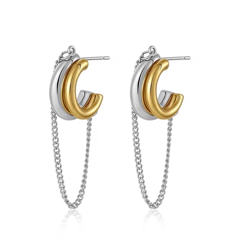 ZARD Double Hoop Earrings with Chain Drop in 18k Gold & 925 Sterling Silver