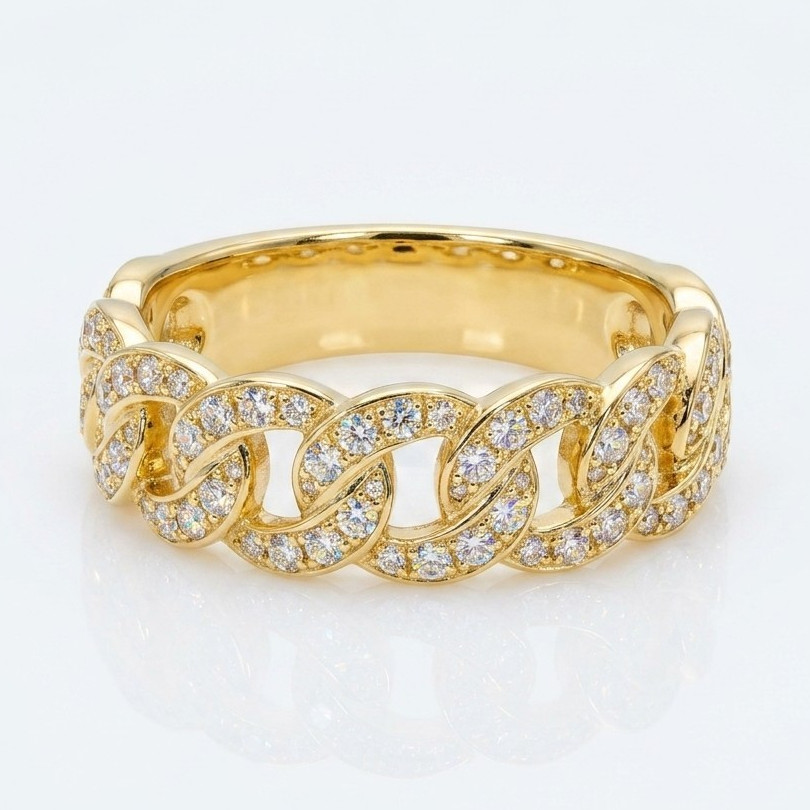 Gold Tone Chain Link Pavé Clear/White Round Stone Band Ring Size 7