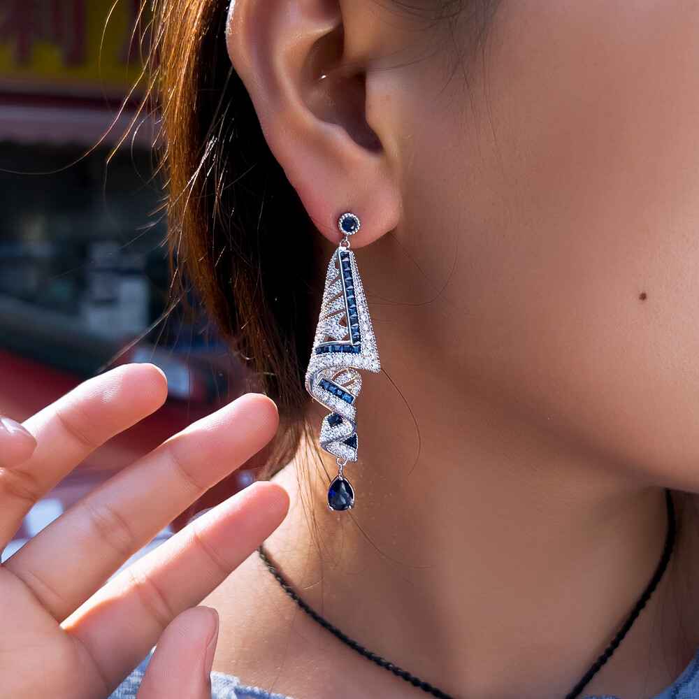 Silver Plated Cubic Zirconia Blue Long Symmetrical Dangle Drop Earrings for Lady