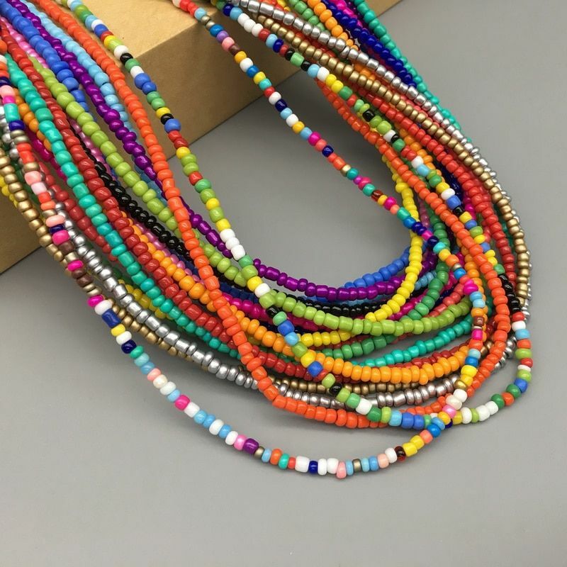 Women Necklace Seed Beads Strand String Beaded Short Jewelry 16 Inches Chokers