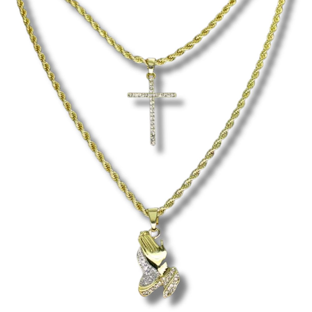 2pc Choker Set Thin Cross + Praying Hands Cz Pendants 14k Gold Plated Hip Hop