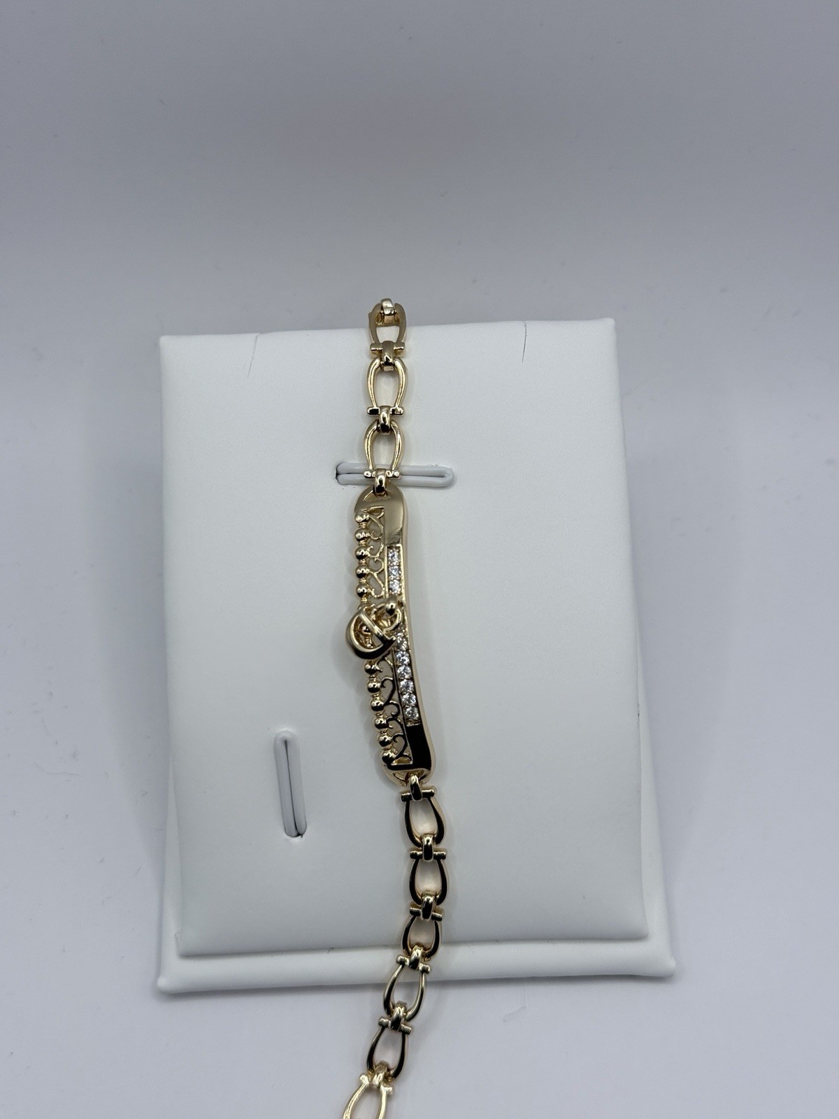 Gold Tone Link Chain Bracelet w/ Round White Crystal Bar Accent, Metal