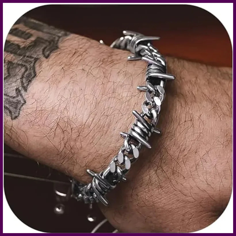 Barbed Wire Cuban Link Chain Bracelet Adjustable Stainless Steel Punk Emo