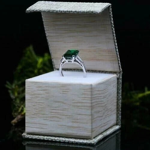 1.50CT Emerald Cut Lab Created Green 14K White Gold Finish Engagement Ring