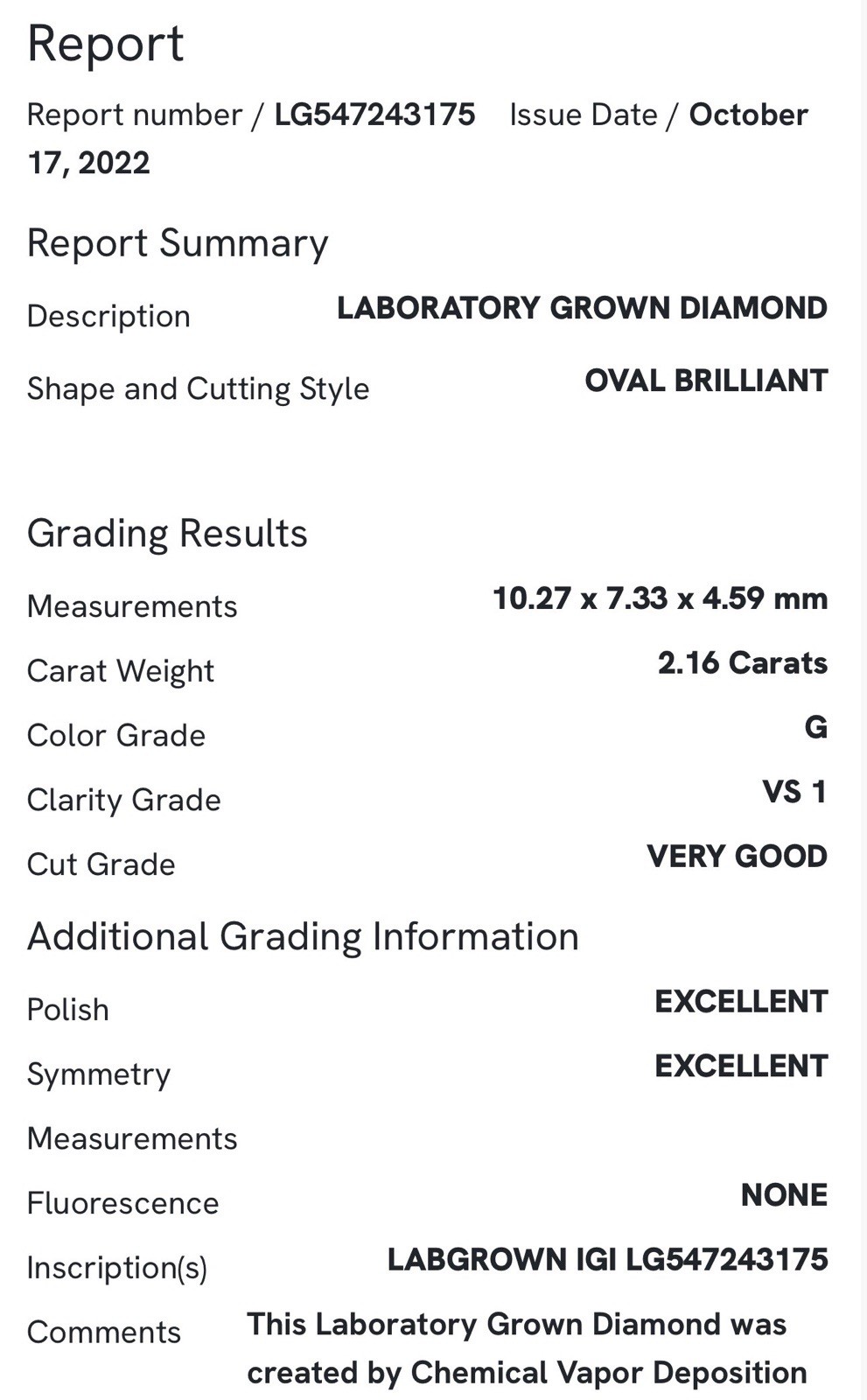 Oval Lab-Grown Diamond Engagement Ring 2.16ct G VS1 18K Yellow Gold IGI