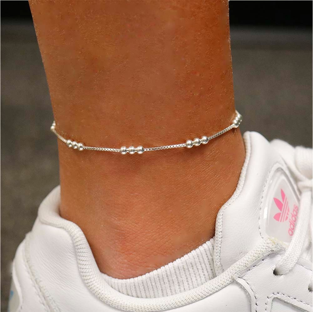 Italian 925 Solid Sterling Diamond Cut Triple Bead Anklet Chain 9″ or 10″ Italy