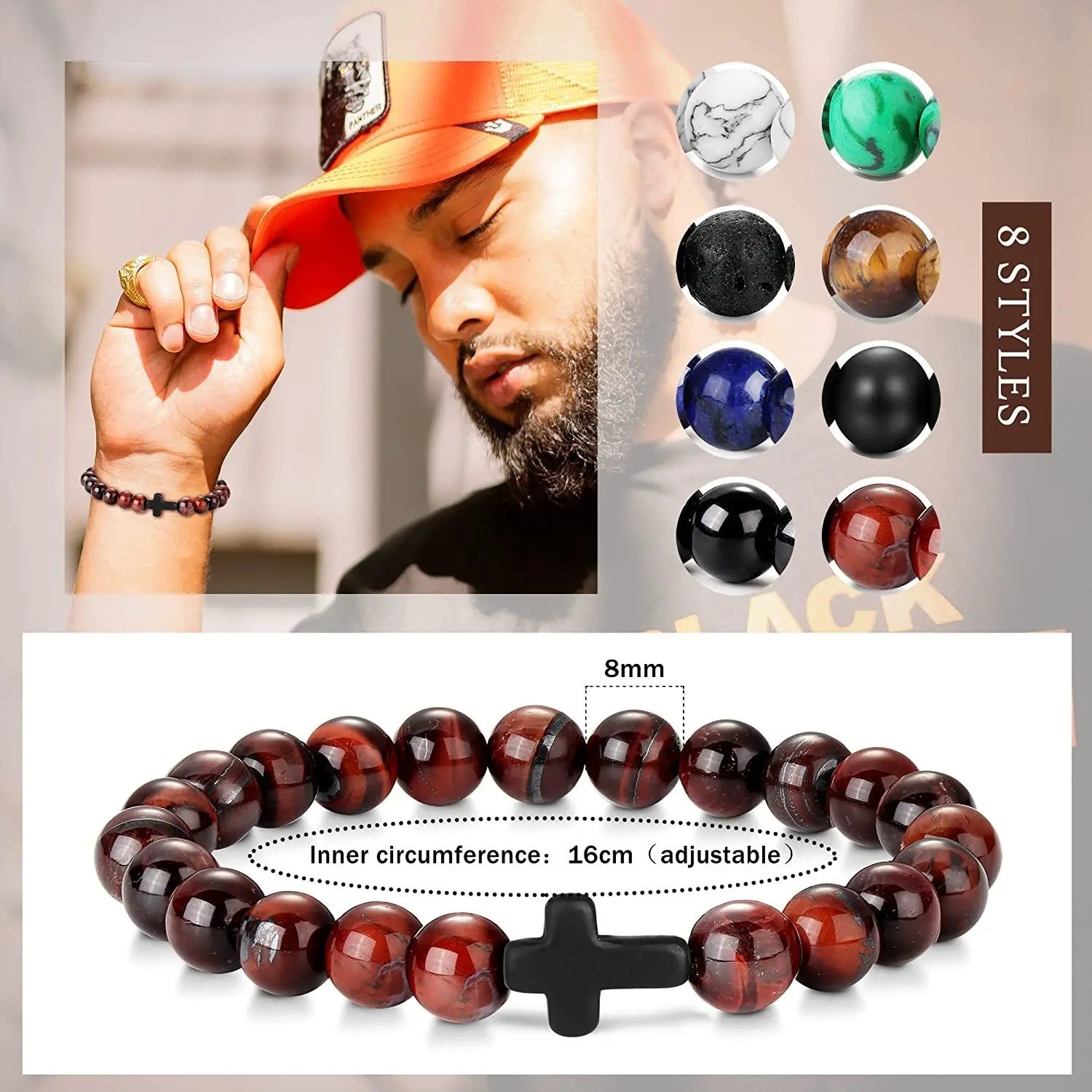 Natural Stone Beads Bracelet Hematite Cross Prayer Yoga Jewelry Men Women USA