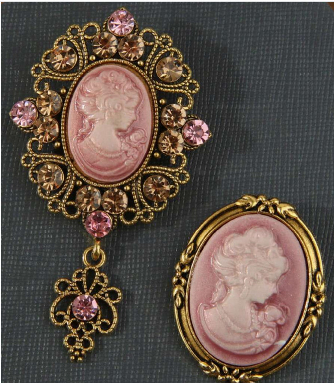 BROOCH- 2Pcs PINK Cameo Brooch with Rhinestone Embossed Accents