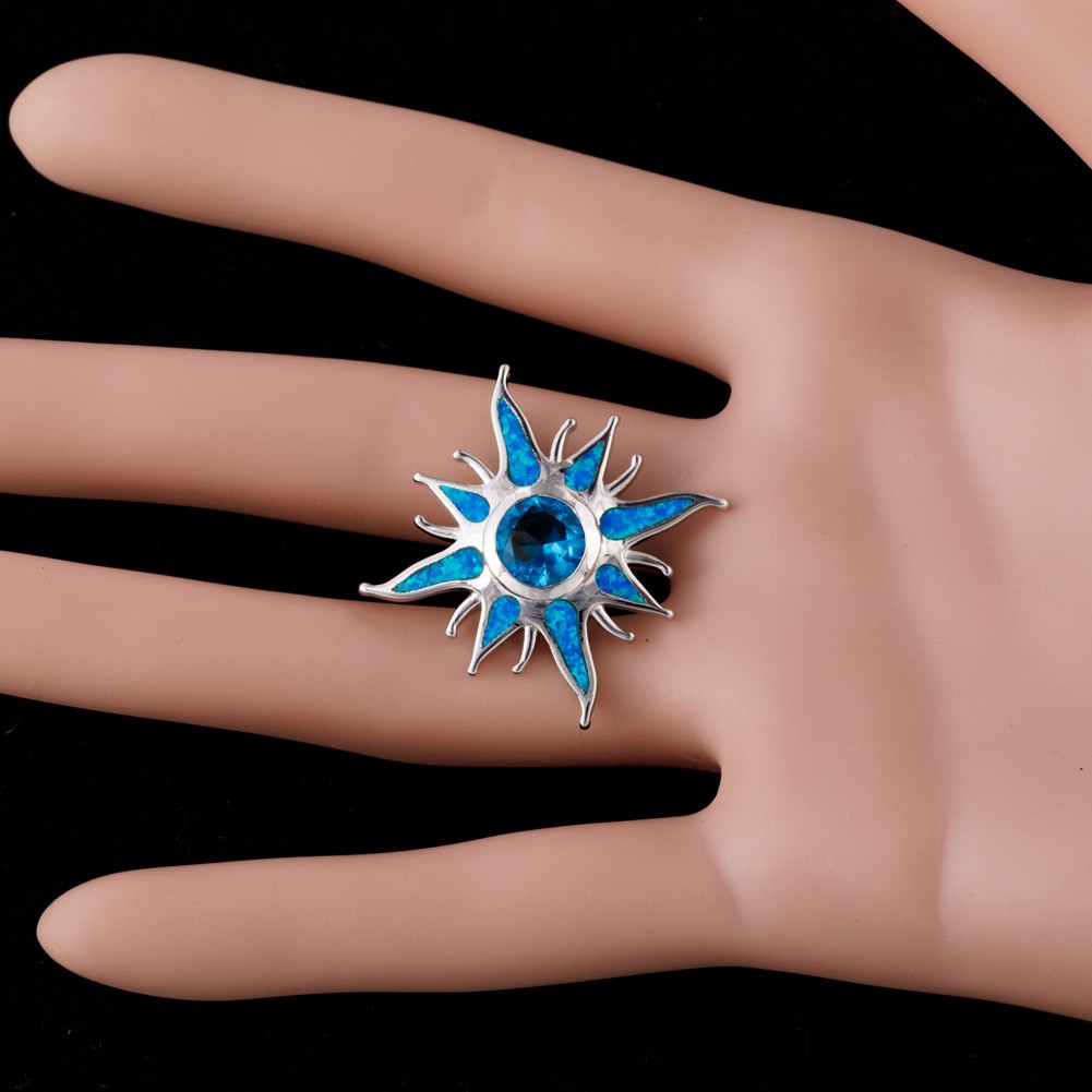 Starburst Simulated Blue Topaz Blue Fire Opal Silver Jewelry Necklace Pendant
