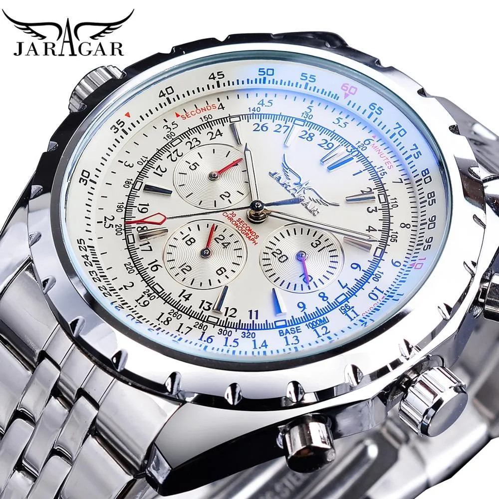 Jaragar Blue Glass Design Black Silver Automatic Watch Stainless Steel Date…