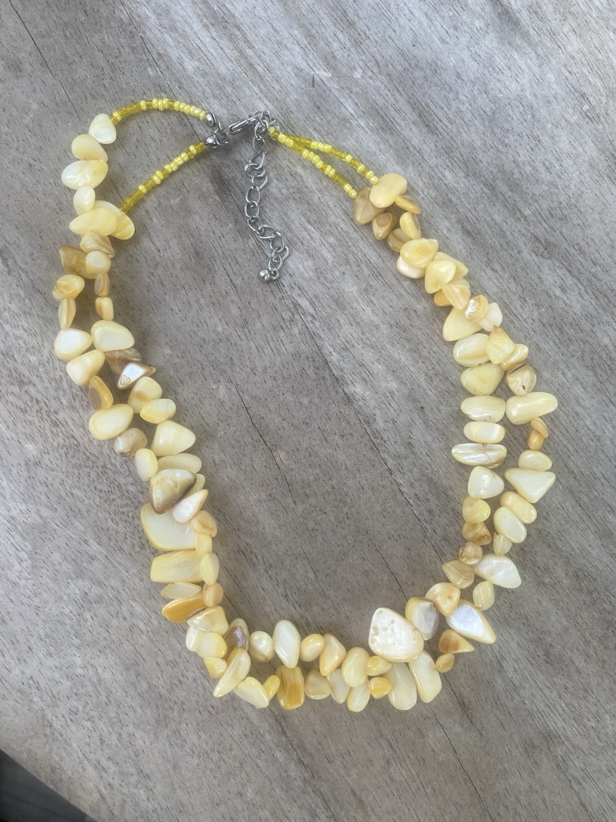 Yellow Natural Shell Chip Beaded Statement Necklace, Heavy, Lobster Clasp
