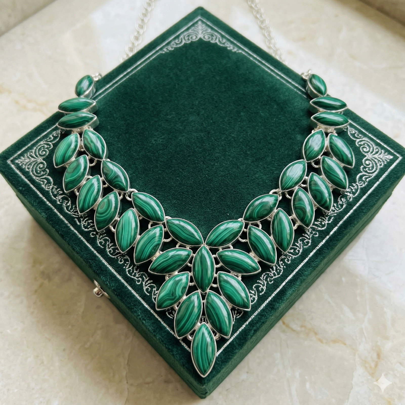 Green Malachite Gemstone Necklace 925 Sterling Silver Statement Bib ADJ 18″