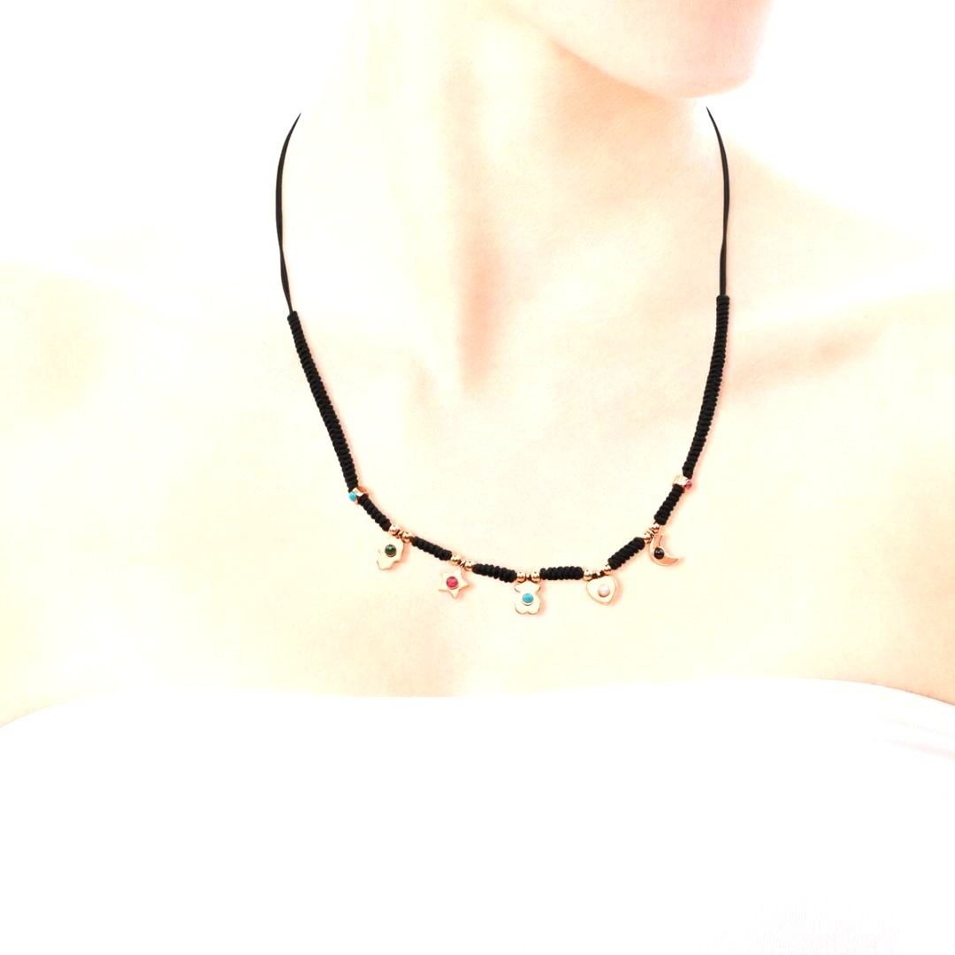 TOUS Super Power Charm Necklace Black Cord Rose Vermeil Silver Gemstone Spain