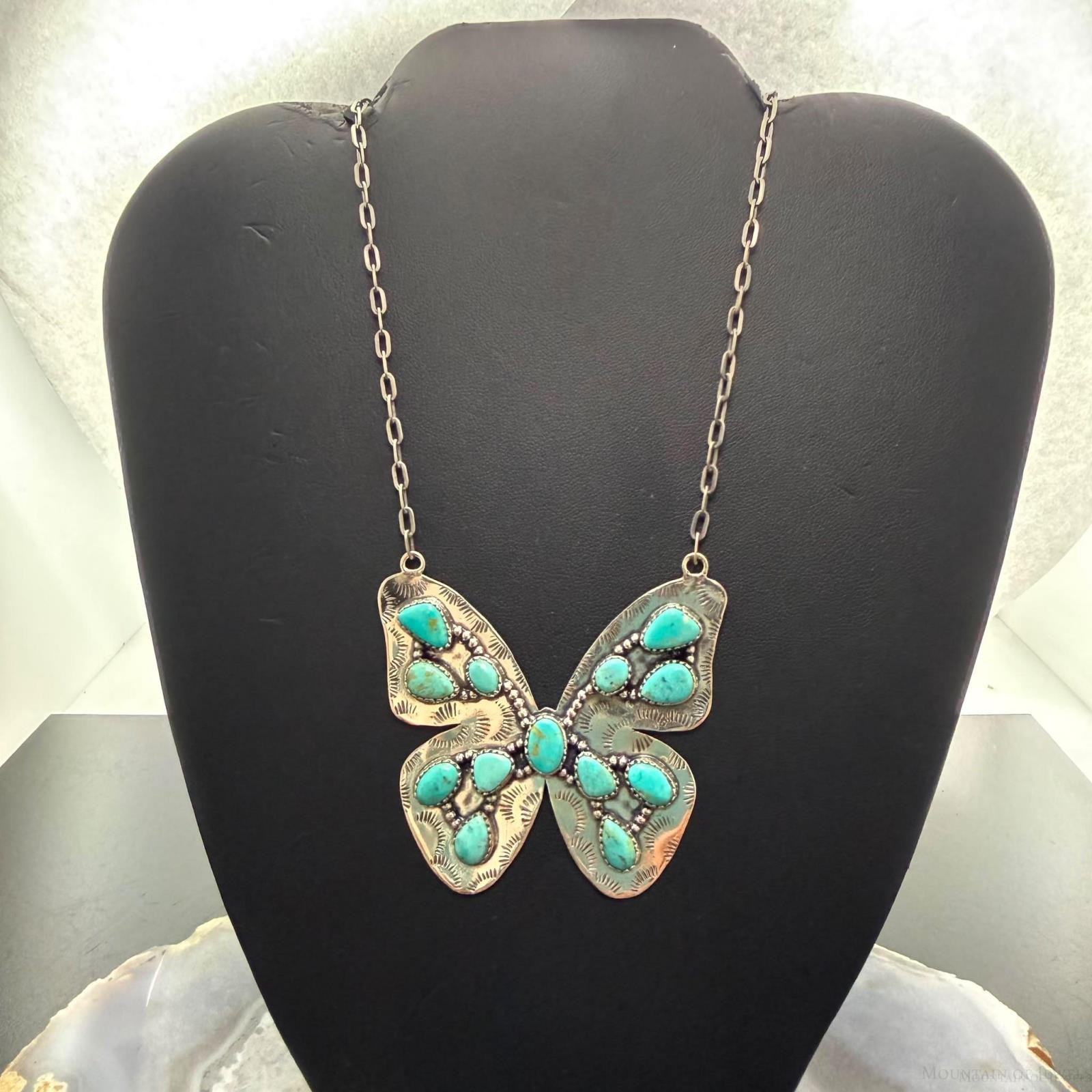 Sterling Southwestern Style Kingman Turquoise Butterfly Pendant 20.5″ Necklace
