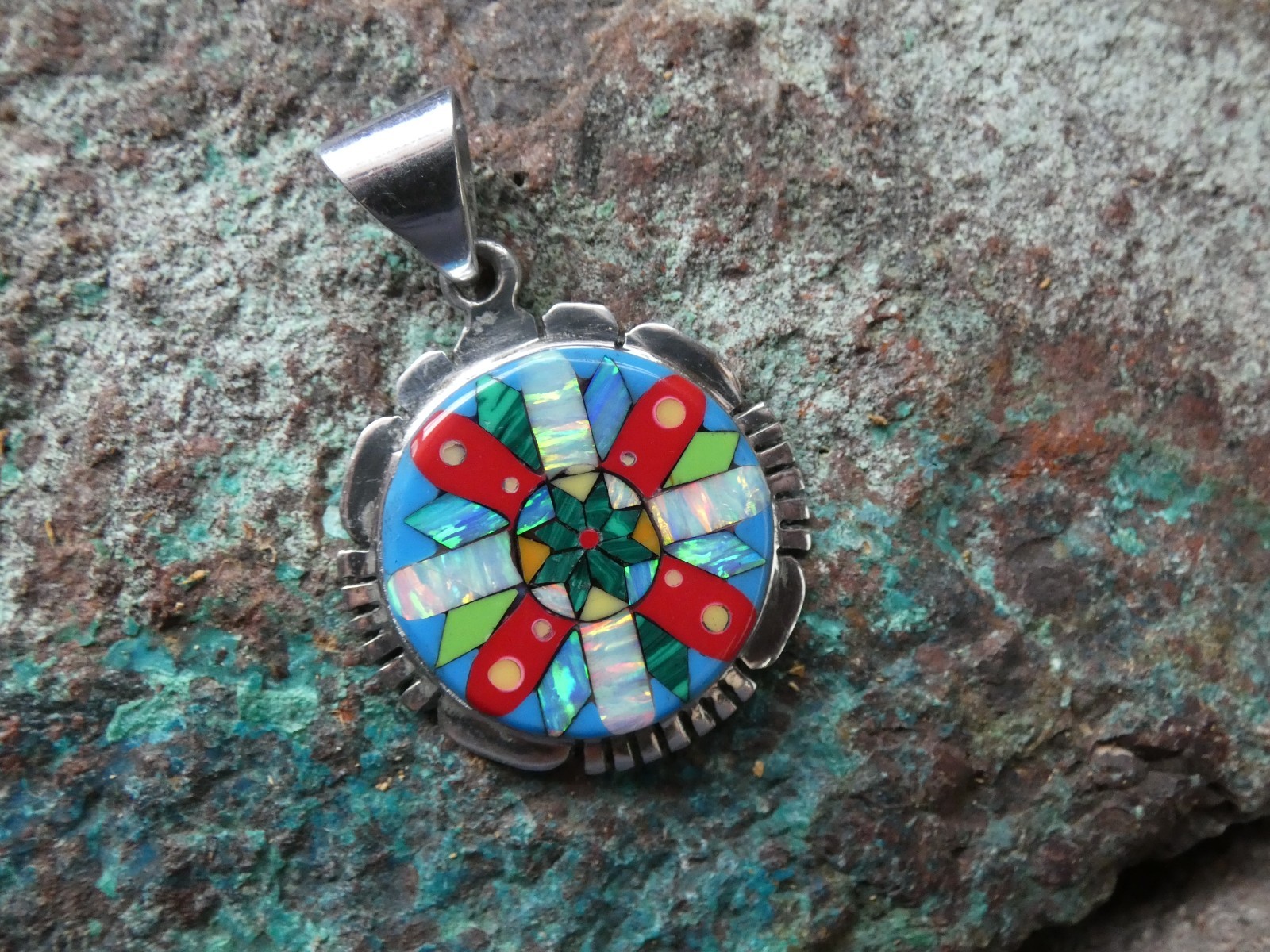 Colorful Micro Inlay Gemstone Mix Sterling Silver Aluminum Alloy Pendant AT8