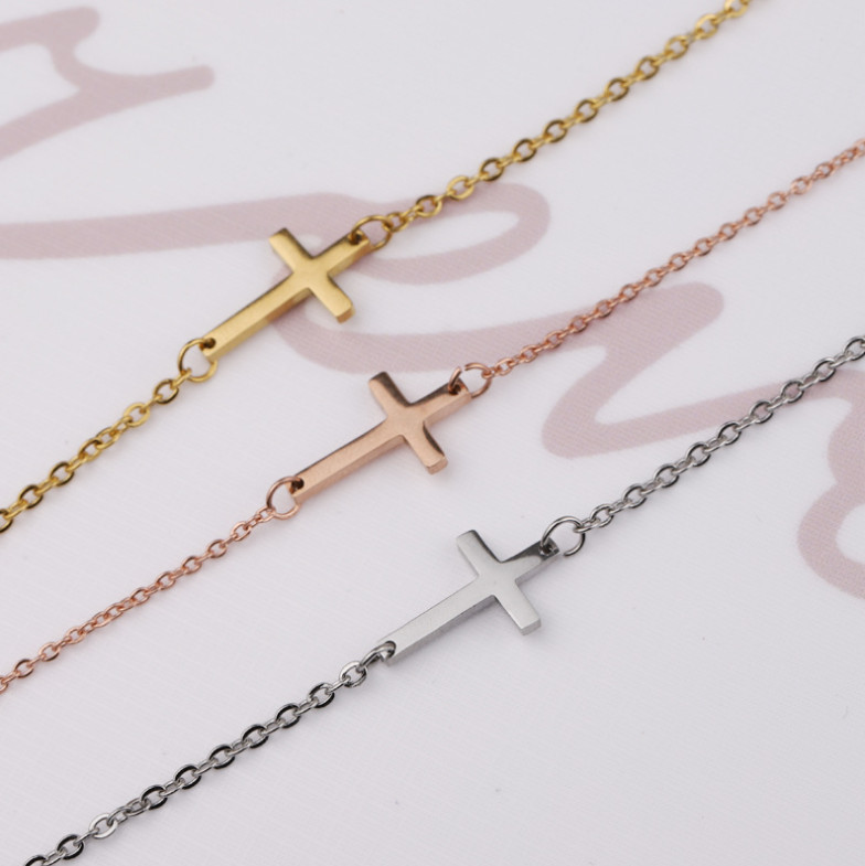 Women 7+2″ 316L Stainless Steel Sideway Cross Bracelet Chain Gift PE49