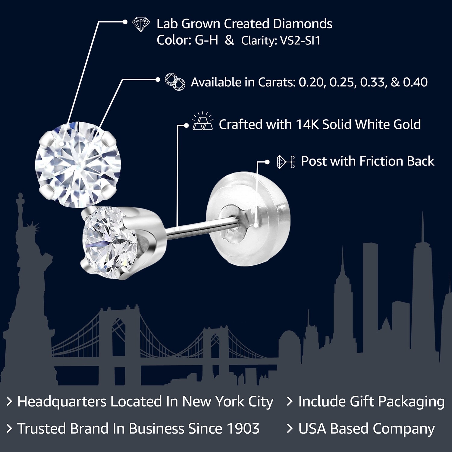 14K White Gold Lab Grown Diamond Stud Earrings | Gold Earrings For Women | E-F