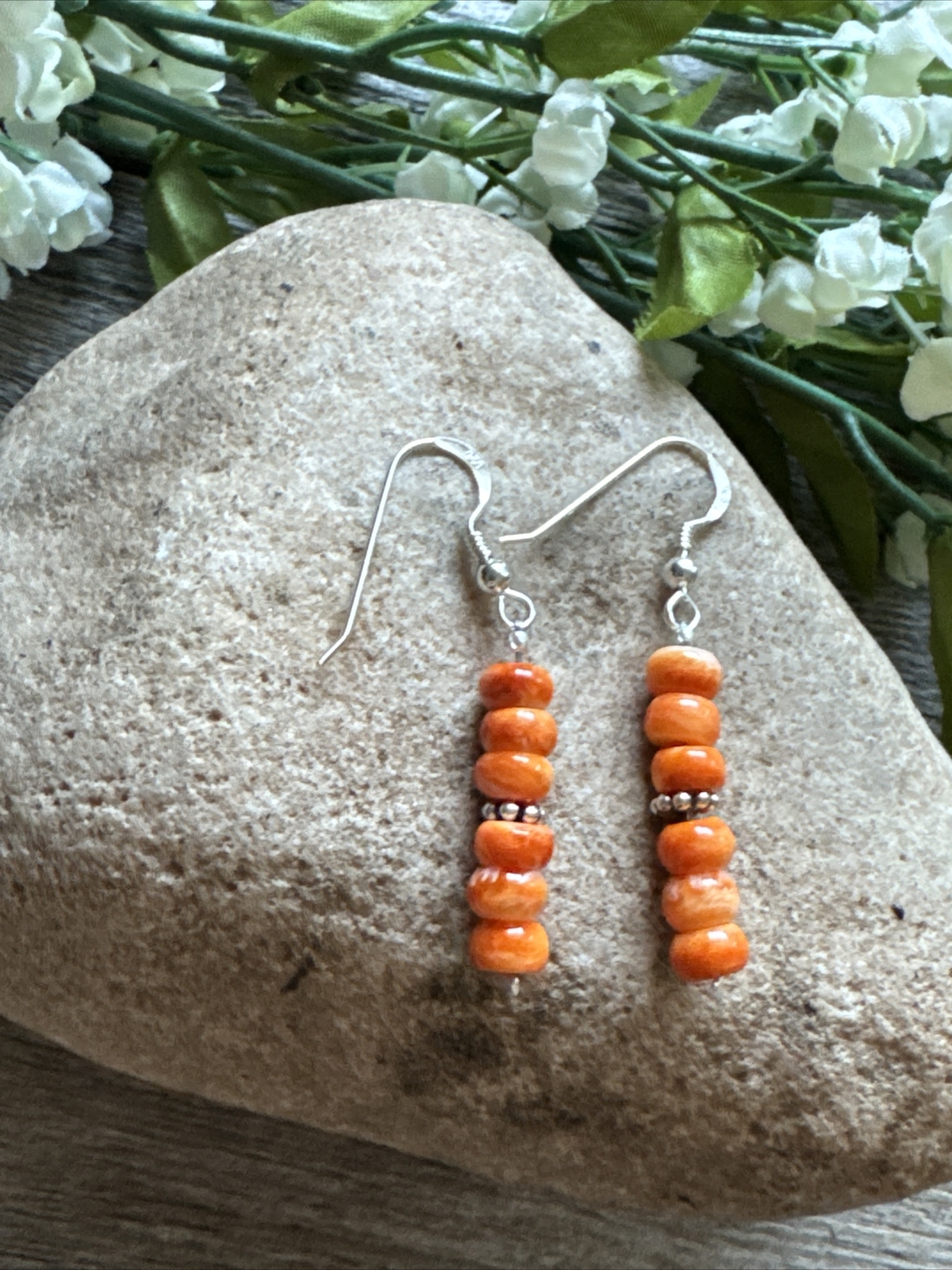 Southwestern 925 Sterling Silver Orange Spiny Oyster Bead Earrings 1 Inch