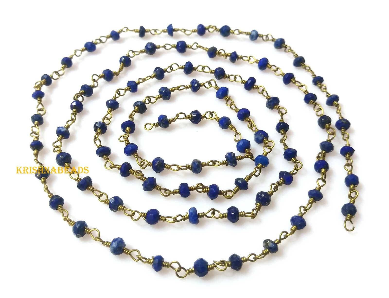 3 Feet Lapis Lazuli 3-3.5mm Beads, Rosary Beaded Chain, 24K Gold Plated Wire