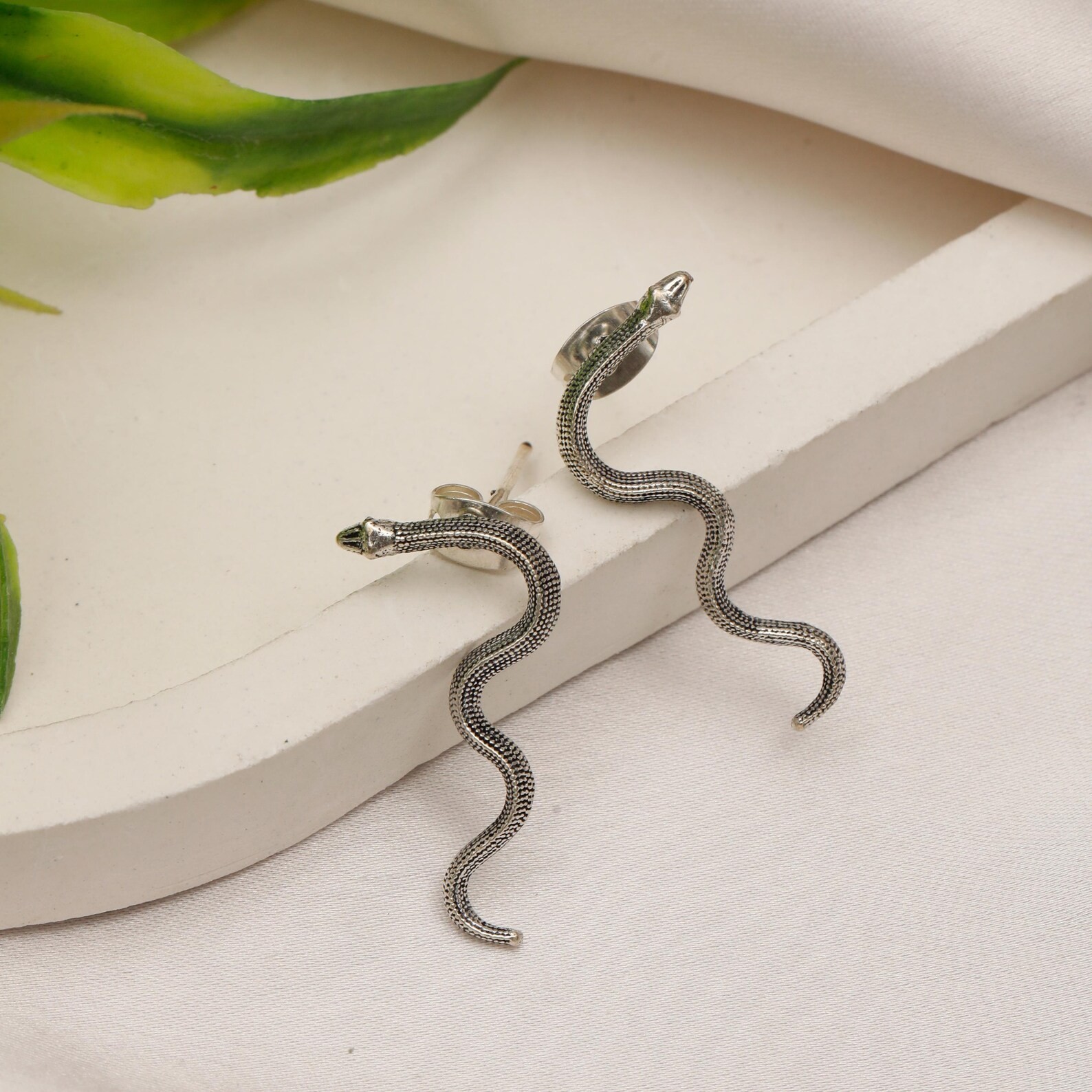 Thin snake Long Brass Silvered Stud Earrings || Serpent Minimaliste Earrings ||