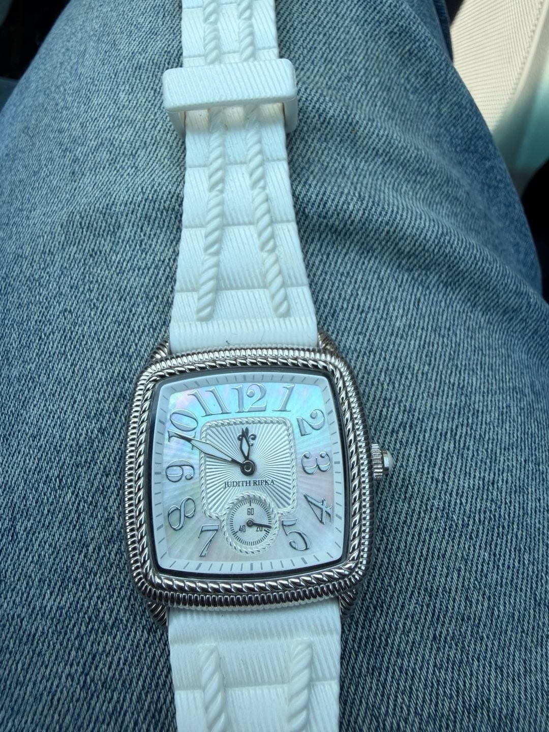 Judith Ripka Stainless Rectangular Watch w/White Silicone strap and M.0.P Dial