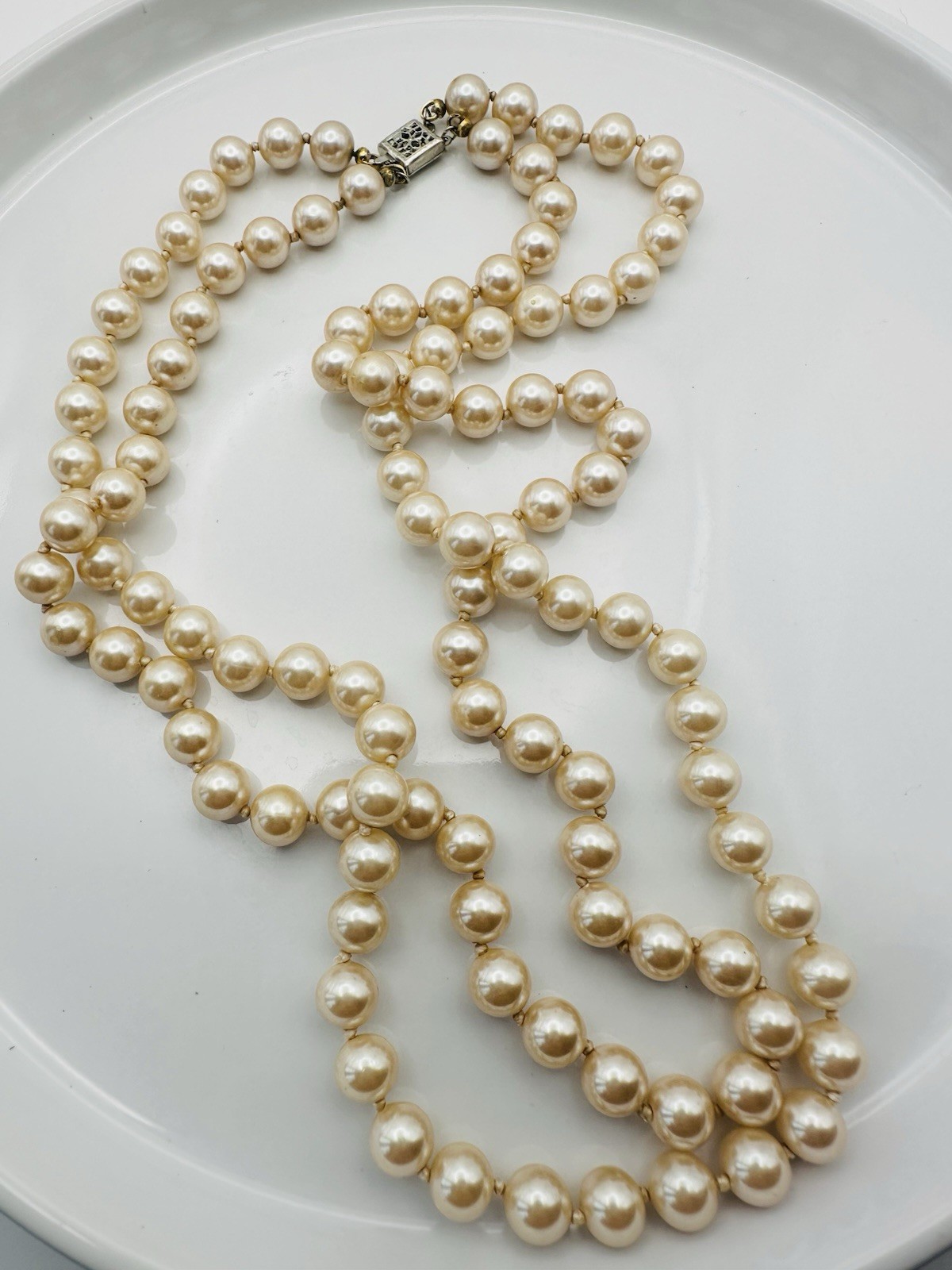 Vintage 7.8mm Knotted Glass Pearl Double Layer Necklace 19” Sterling Clasp