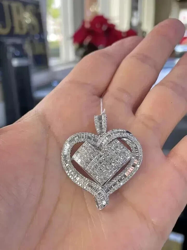 3Ct Round Cut Lab-Created Diamond Heart Pendant 14K White Gold Plated Free Chain